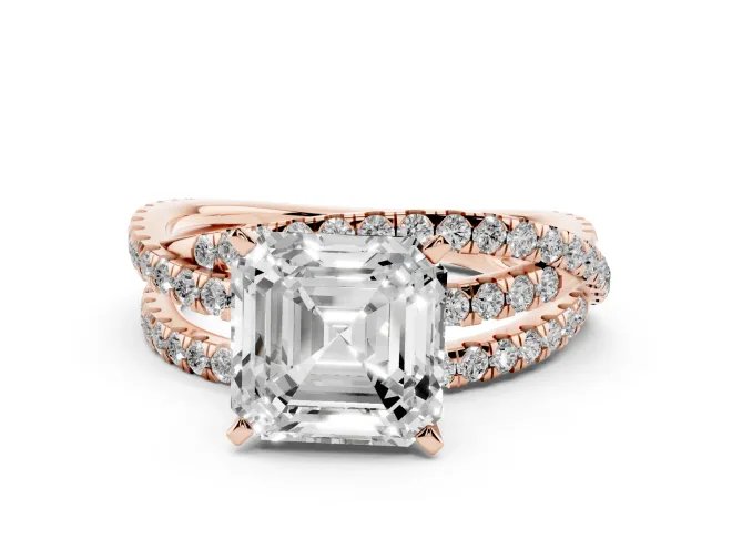 Asscher Cut Twisted Pavé Solitaire Engagement Ring Setting | Three-Strand Band | Rose Gold