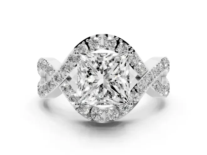 Princess Cut Diamond Solitaire Twist Band Pavé Engagement Ring Set in White gold