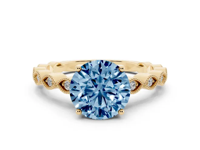 Fancy Blue Round Cut Diamond Solitaire Ring Set in Yellow gold with Infinity Twist Pavé Band