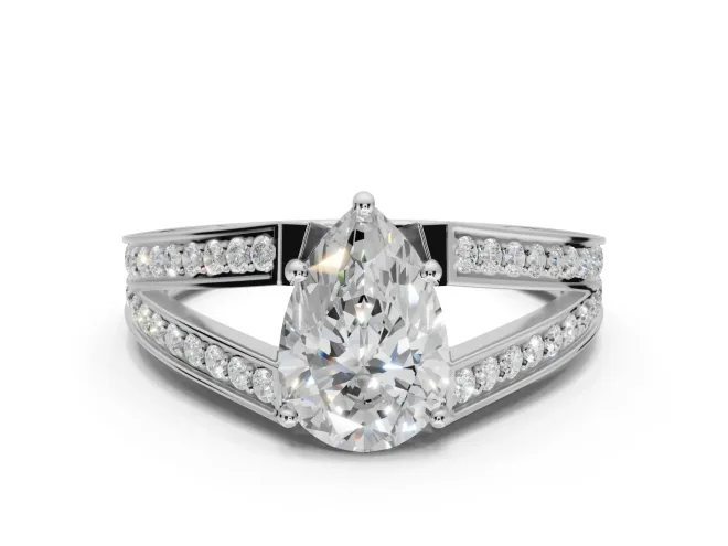 Pear-Shaped Split Shank Pavé Engagement Ring Setting | Engraved Leaf Sides | White Gold