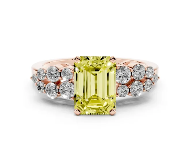 Emerald Cut Side Stone Engagement Ring Setting for a Fancy Yellow Lab-Grown Diamond | Shoulder Clusters | Rose Gold