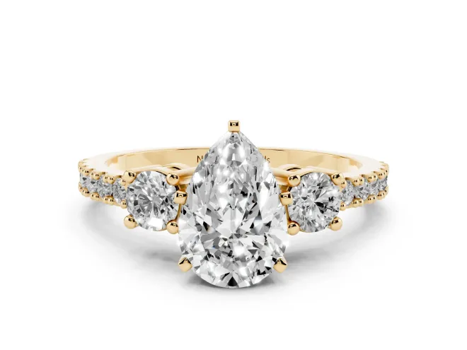 Pear-Shaped Three Stone Pavé Engagement Ring Setting | Round Side Stones | Yellow Gold