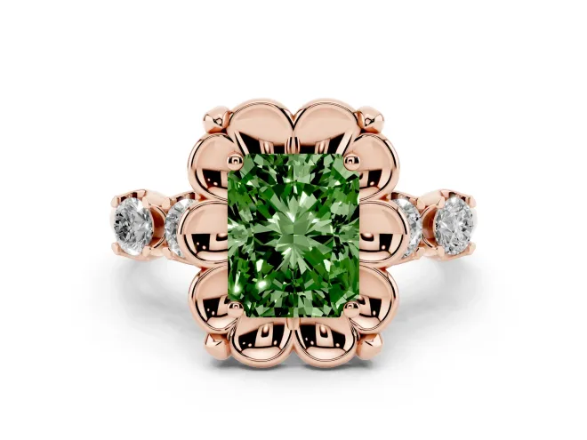 Fancy Green Radiant Cut Diamond Floral Halo Ring Set in Rose gold with Shared Prong Band