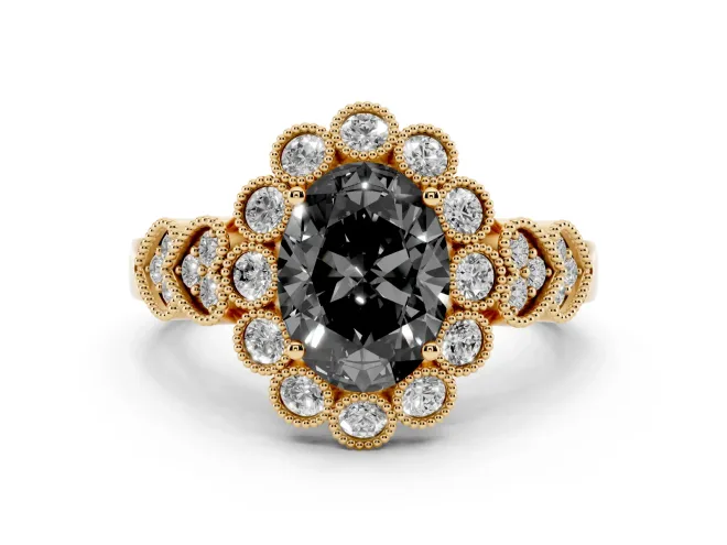 Fancy Black Oval Cut Diamond Solitaire Ring Set in Yellow gold with Milgrain Pavé Heart Band