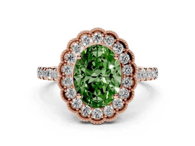 Oval Vintage Milgrain Floral Halo Engagement Ring Setting for a Fancy Green Lab-Grown Diamond | Pavé Band | Rose Gold
