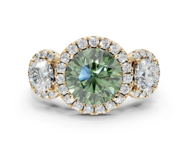 Round Three Stone Halo Engagement Ring Setting for a Fancy Green Lab-Grown Diamond | Yellow Gold