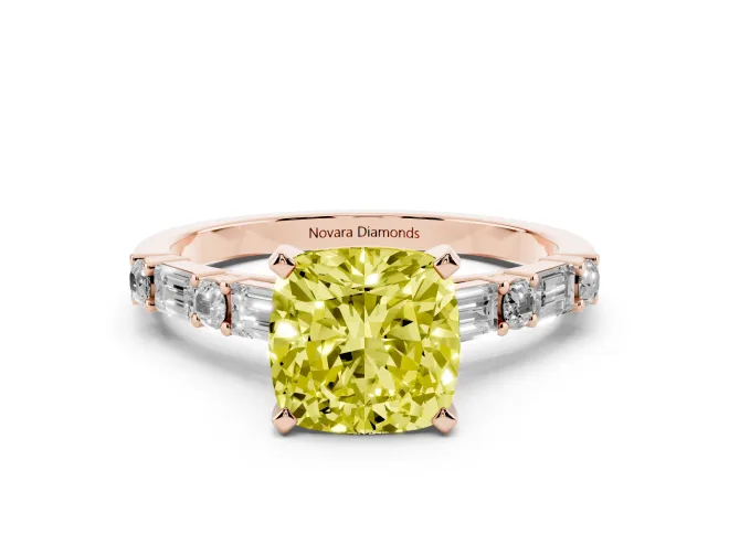 Cushion Cut Baguette Side Stone Engagement Ring Setting for a Fancy Yellow Lab-Grown Diamond | Rose Gold