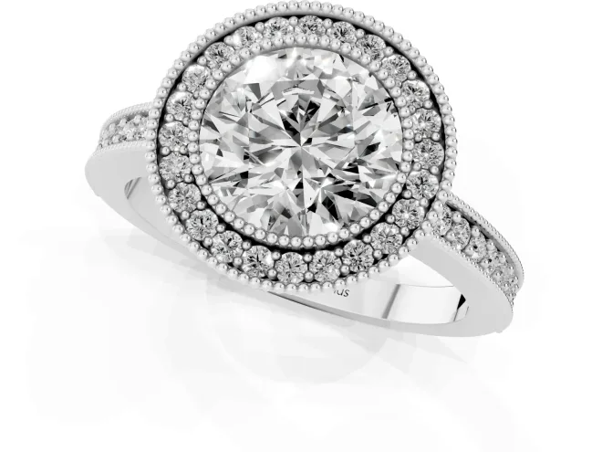 Round Cut Diamond Halo Engagement Ring Set in Platinum with Pavé Band and Round Halo Stones – second view