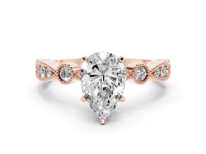 Pear-Shaped Vintage Milgrain Solitaire Engagement Ring Setting | Bezel Accents | Rose Gold