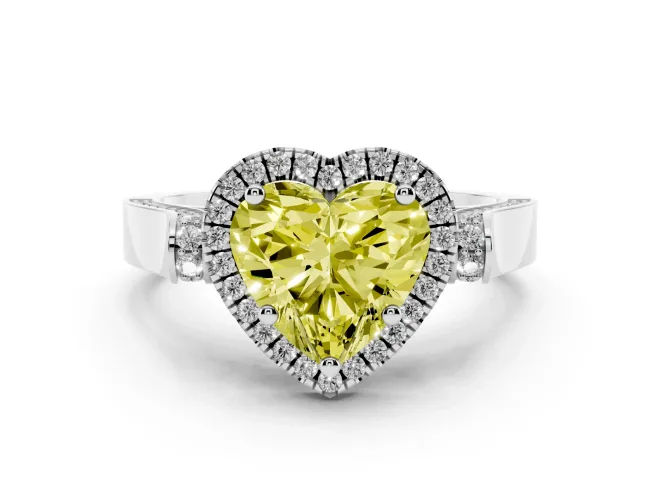 Heart-Shaped Halo Engagement Ring Setting for a Fancy Yellow Lab-Grown Diamond | Pointed Pavé Shoulders | White Gold