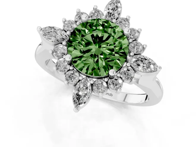 Fancy Green Round Cut Diamond Cluster Halo Ring Set in White gold with Marquise and Round Accents – second view