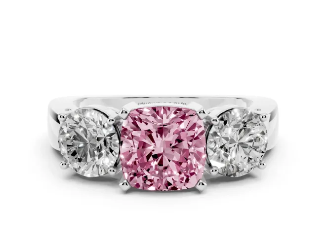 Fancy Pink Cushion Cut Diamond Three-Stone Ring Set in Silver with Round Side Stones and Classic Band
