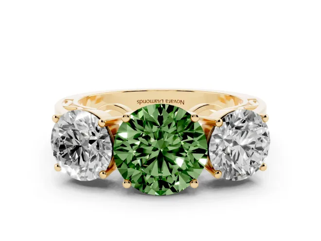 Fancy Green Round Cut Diamond Three-Stone Ring Set in Yellow gold with Textured Band