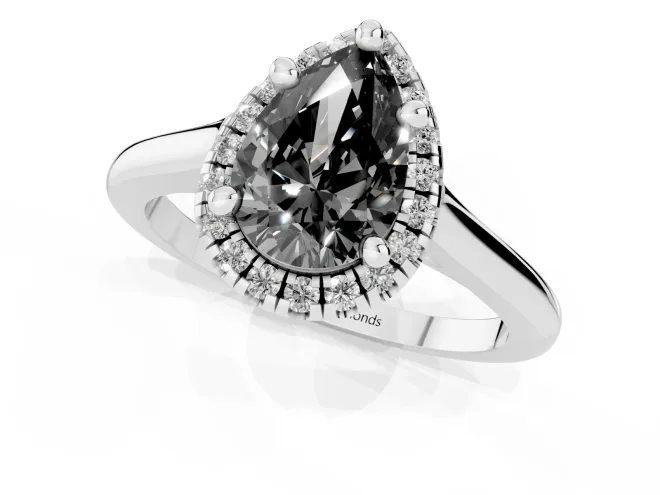 Fancy Black Pear Cut Diamond Halo Engagement Ring Set in Platinum with Pavé Band and Rising Shoulders – second view