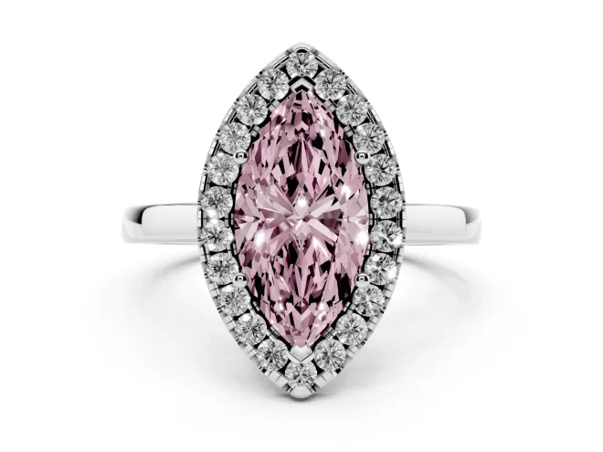Fancy Pink Marquise Cut Diamond Halo Solitaire Ring Set in Platinum with Pavé Band and Prong Setting