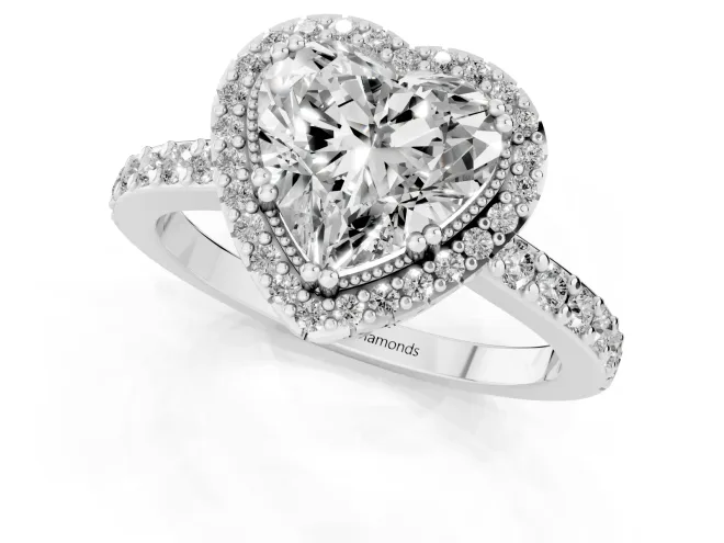 Heart Cut Diamond Halo Engagement Ring Set in White gold with Milgrain Detail and Pavé Band – second view
