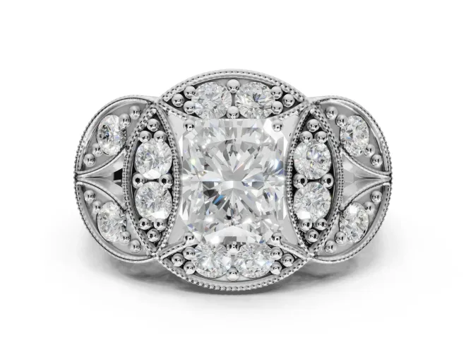 Radiant Cut Vintage Floral Halo Engagement Ring Setting | Engraved Milgrain Band | Sterling Silver