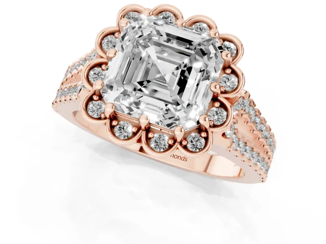 Asscher Cut Diamond Floral Halo Split Shank Engagement Ring Set in Rose gold with Pavé Shank – second view