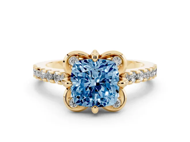 Cushion Cut Floral Petal Engagement Ring Setting for a Fancy Blue Lab-Grown Diamond | Petal Accents | Yellow Gold