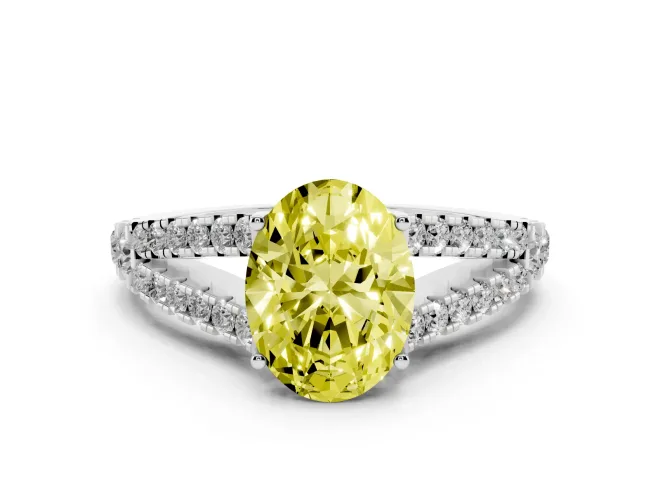 Fancy Yellow Oval Cut Diamond Split Shank Pavé Engagement Ring Set in Platinum with Prong-Held Center Stone