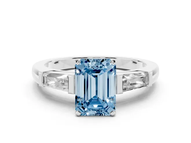 Emerald Cut Three Stone Engagement Ring Setting for a Fancy Blue Lab-Grown Diamond | Tapered Baguettes | White Gold
