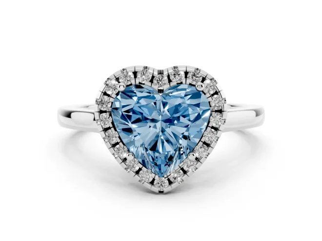 Fancy Blue Heart Cut Halo Round Diamond Solitaire Ring Set in Silver with Pavé Band and Prong Setting
