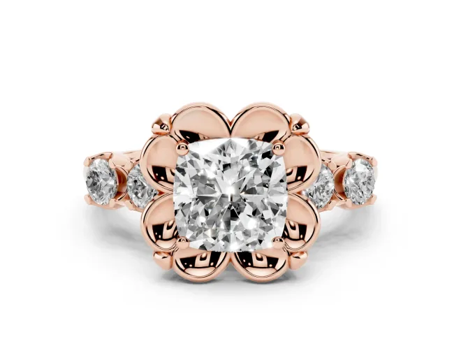 Cushion Cut Floral Engagement Ring Setting | Petal Frame and Side Stones | Rose Gold