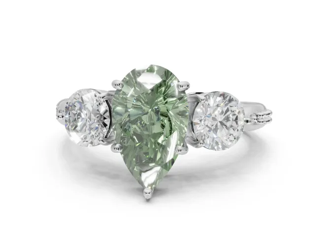 Pear-Shaped Three Stone Engagement Ring Setting for a Fancy Green Lab-Grown Diamond | Pave Shoulders | Sterling Silver