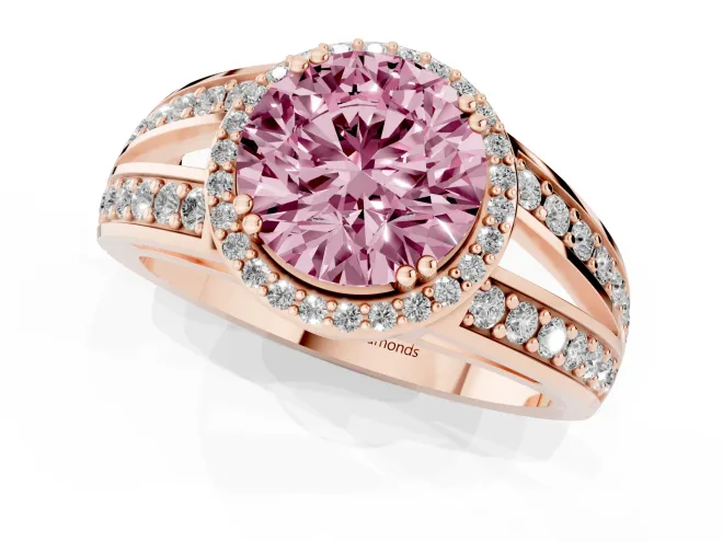 Fancy Pink Round Cut Diamond Halo Ring Set in Rose gold with Double Pavé Split Shank – second view