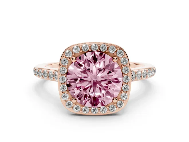 Fancy Pink Round Cut Diamond Halo Engagement Ring Set in Rose gold with Round Pavé Shoulders and Heart Gallery