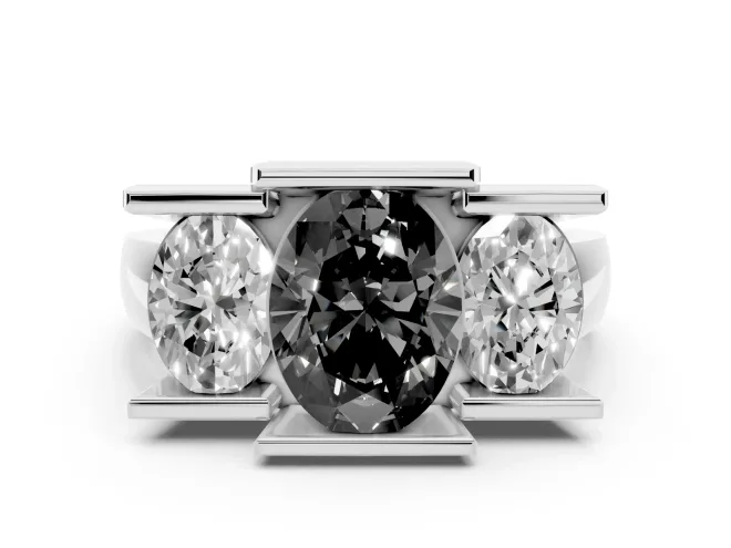Fancy Black Oval Cut Diamond Three-Stone Channel Set Ring Set in White gold with Smooth Polished Band
