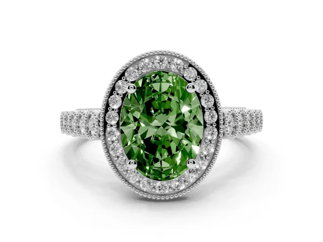 Fancy Green Oval Cut Diamond Milgrain Halo Solitaire Ring Set in Platinum with Bezel Set Side Stones and Pavé Band