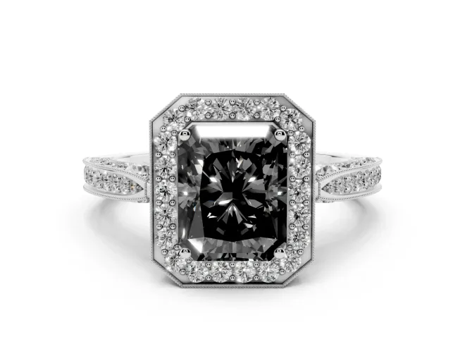 Fancy Black Radiant Cut Diamond Halo Engagement Ring Set in Platinum with Accent Split Shank Band
