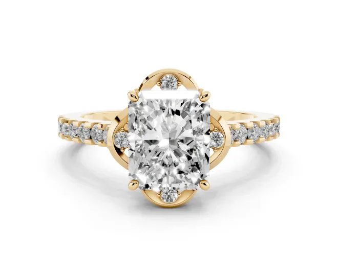 Radiant Cut Diamond Solitaire Ring Set in Yellow gold with Pavé Band and Floral Prong Setting