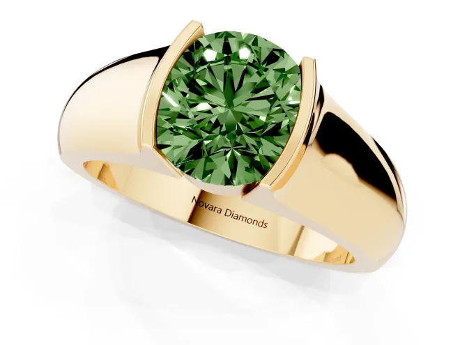 Fancy Green Round Cut Diamond Bezel Solitaire Ring Set in Yellow gold with Wide Band – second view