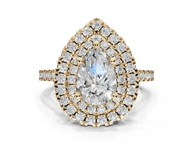 Pear-Shaped Lab-Grown Diamond Double Halo Statement Ring Set in Yellow Gold with Pavé Band