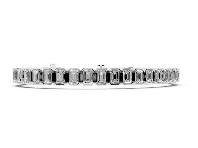 Emerald Cut Lab-Grown Diamond Bezel Tennis Bracelet | Grooved Hinge Links | White Gold