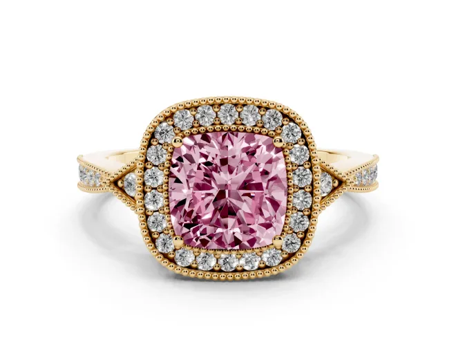 Cushion Cut Milgrain Halo Engagement Ring Setting for a Fancy Pink Lab-Grown Diamond | Graduated Pavé | Yellow Gold