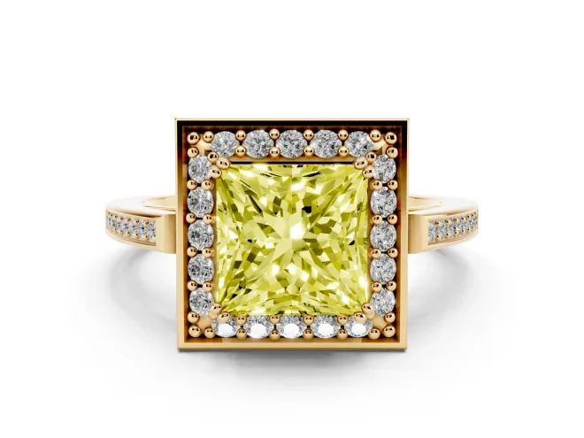 Princess Cut Halo Engagement Ring Setting for a Fancy Yellow Lab-Grown Diamond | Polished Halo Rim | Yellow Gold