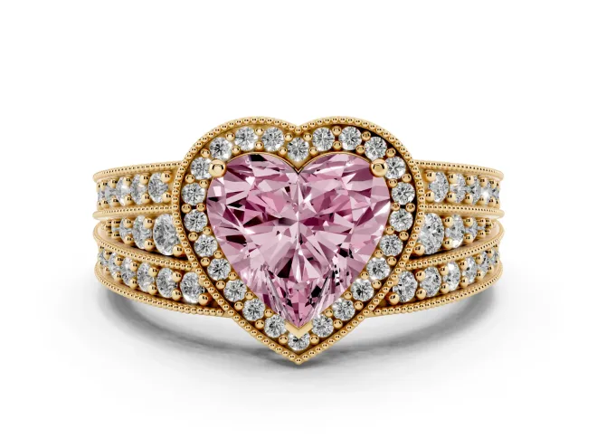 Fancy Pink Heart Cut Diamond Halo Ring Set in Yellow gold with Accent Split Shank and Prong Setting
