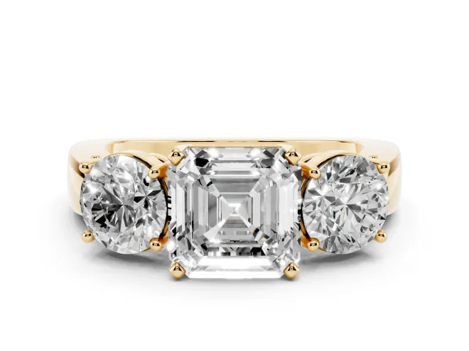 Asscher Cut Diamond Three-Stone Ring Set in Yellow gold with Round Side Stones and Classic Band