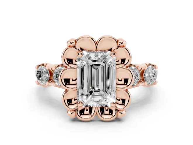 Emerald Cut Diamond Floral Halo Ring Set in Rose gold with Shared Prong Band