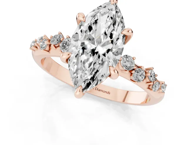 Marquise Cut Diamond Solitaire Vine Band Ring Set in Rose gold with Round Accents and Prong Setting – second view