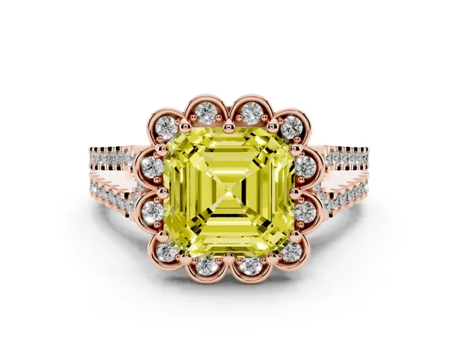 Asscher Cut Floral Halo Engagement Ring Setting for a Fancy Yellow Lab-Grown Diamond | Pavé Split Shank | Rose Gold