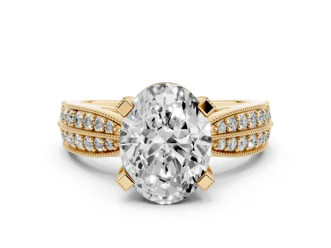 Oval Milgrain Solitaire Engagement Ring Setting | Graduated Double Row Pavé | Yellow Gold
