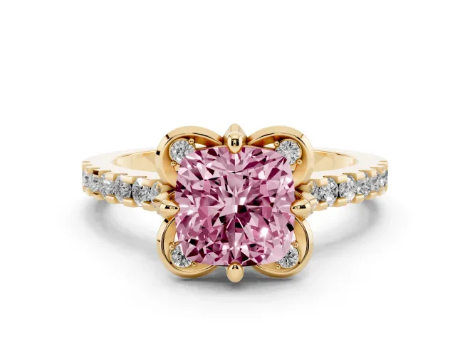 Fancy Pink Cushion Cut Diamond Solitaire Ring Set in Yellow gold with Pavé Band and Floral Prong Setting