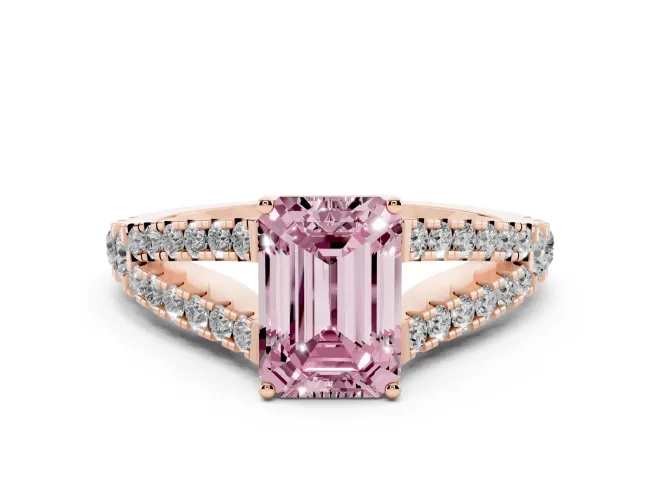 Fancy Pink Emerald Cut Diamond Split Shank Pavé Engagement Ring Set in Rose gold with Prong-Held Center Stone
