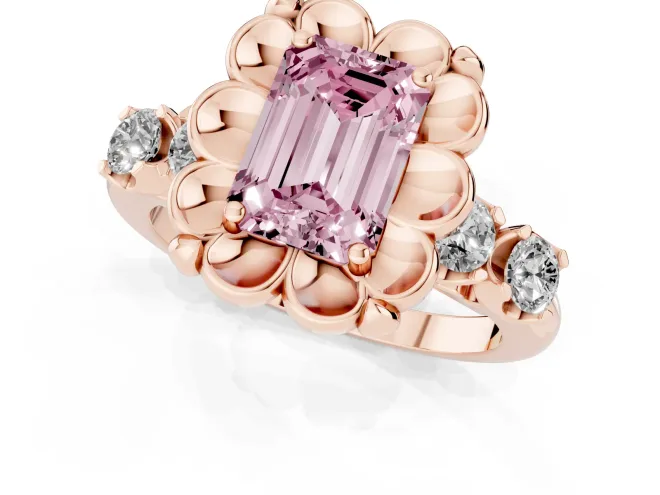 Fancy Pink Emerald Cut Diamond Floral Halo Ring Set in Rose gold with Shared Prong Band – second view