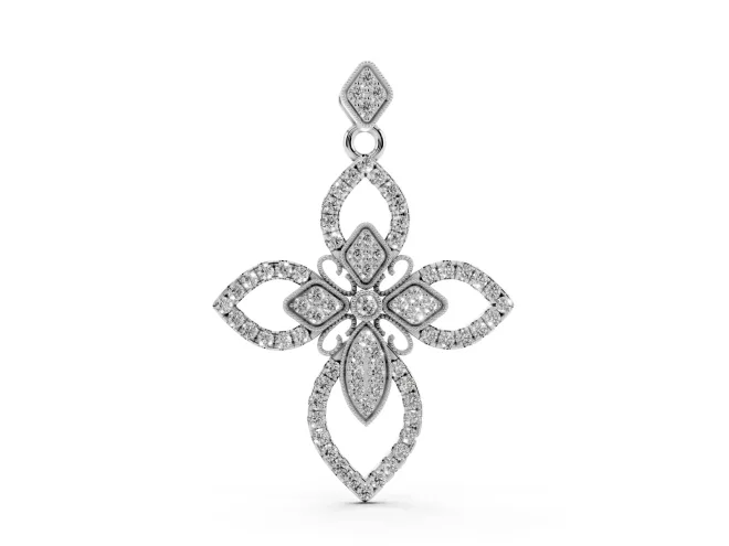 Round Lab-Grown Diamond Pavé Floral Cross Pendant Necklace | Petal Arms | White Gold