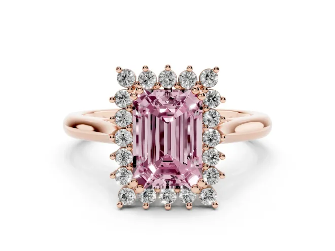 Emerald Cut Starburst Halo Engagement Ring Setting for a Fancy Pink Lab-Grown Diamond | Rose Gold